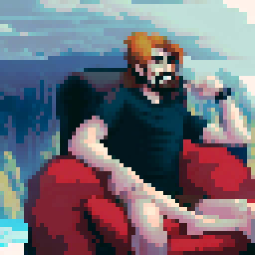 crazy long brown hair, cool guy thinking in his chair, pixel art, sRGB, background landscape