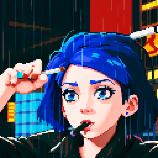 Blue haired 90s pop girl, smoking a cigarette, downtown, in the rain, gritty
