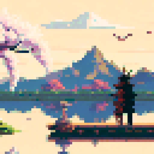 Ancient wooden pagoda surrounded by blooming cherry blossoms, nestled in a misty mountain range overlooking a tranquil river