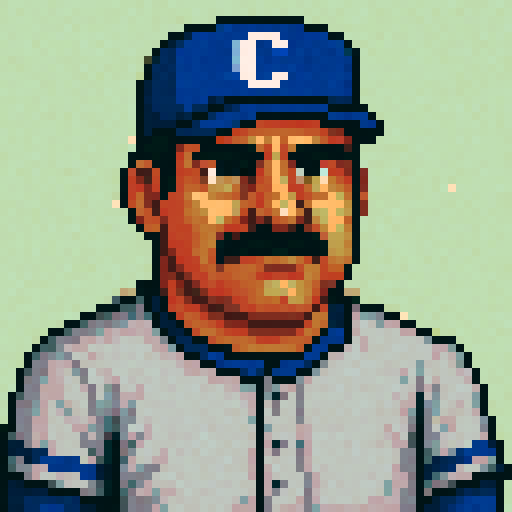 Can you make an image of a baseball coach?  Pixel perfect pixel art.  The level of detail should be similar to that of Sonic of the Hedgehog.  Use dithering and anti-aliasing when needed.  Make the coach like the health UI character from Wolfenstein 3d.  Give him a neutral expression.  His jersey should be gray with blue accents.  His had should be blue with white accents.  Can you make the coach latino with a mustache?  