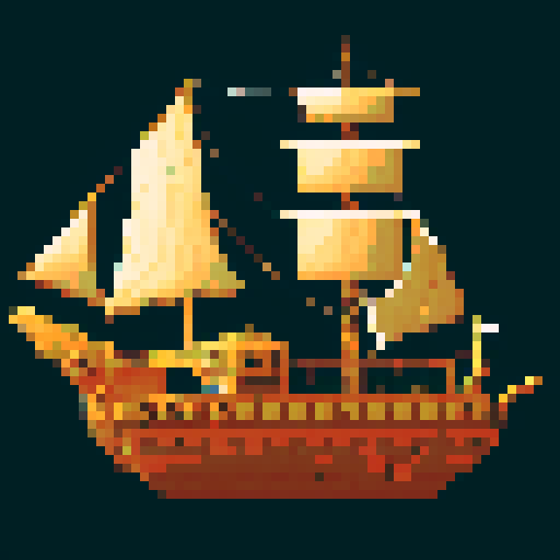 pixel art, detailed, 2d, sideview, steampunk, simple, simple shapes, falling apart, ship, no background, full side view of ship, side view aspect
