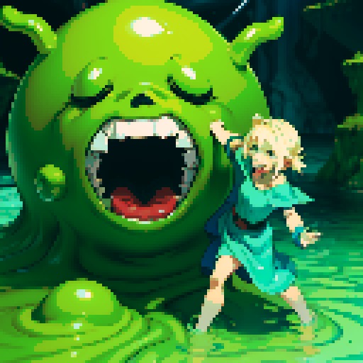 hero sinking into slime, feet stuck in slime