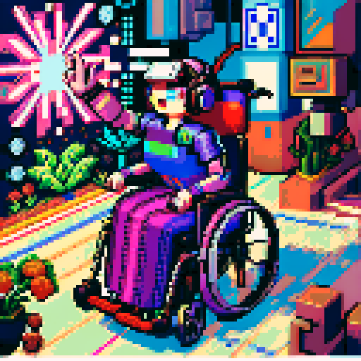 Wheelchair bound, vibrant colors, pixelated details, sRGB color palette, retro joystick, futuristic robotic arms, whimsical patterns, dynamic motion lines, expressive facial features, intricate pixel shading, immersive virtual reality headset