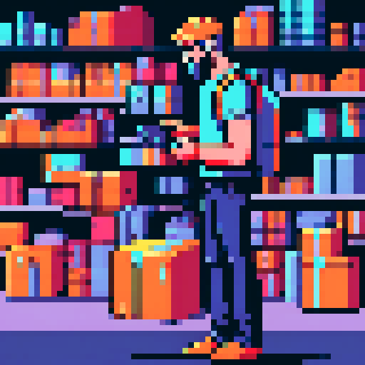 young, bearded male warehouse worker, Amazon Germany, pixel art, sRGB, busy picking and organizing packages, vibrant colors, retro aesthetic, stacks of boxes, conveyor belts, barcode scanners, robotic arms, high-tech machinery, bustling atmosphere, pixelated Amazon logo, fluorescent lighting, dynamic movement, pixelated barcode labels