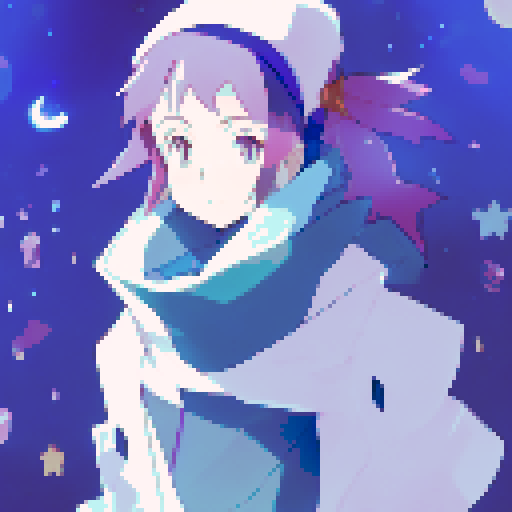 Lonesome girl, wrapped in cozy blanket, peers at sparkling stars with melancholic look while crescent moon shines on grassy knoll below her; all depicted in somber anime-style with hues of indigo and violet.