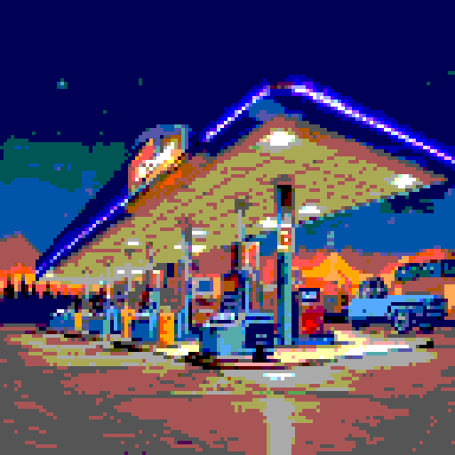 Gas station at night, illuminated by fluorescent lights, surrounded by a vast, starry sky, with a retro-inspired aesthetic, showcasing a pixelated landscape and a vintage gas pump