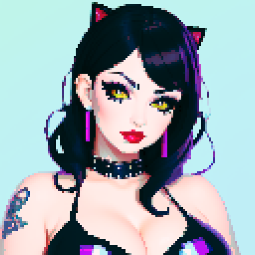 curvy, cute goth cat girl face, black hair, purple eyeshadow, red lipstick, studded leather, face portrait, glamour shot, vibrant sRGB colors, pixel art