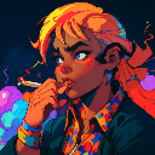 man smoking, retro 8-bit pixel art, vibrant colors, thick black outlines, detailed facial expression, swirling smoke, wisps of gray, glowing cigarette tip, puffs of smoke forming shapes, stylized background, neon lights