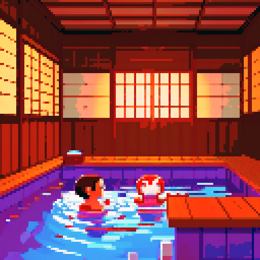 multiple yokai in a  japanese sento bath house, night time, steamy, warm water