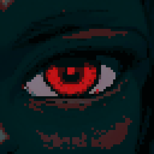 crimson Uchiha eyes radiating an intense red glow, mysterious black aura, pixel art, sRGB, enchanting RPG, fantastical visuals, pixelated landscape