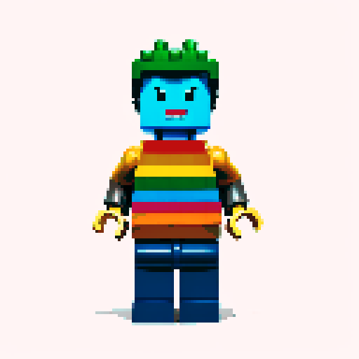 rainbow color lego pixel, vibrant colors, blocky shapes, small plastic bricks, isometric perspective, retro video game, low resolution, 8-bit graphics, sharp edges, square grid, limited color palette, nostalgic feel, brick-built characters, iconic lego logo, digital recreation, detailed textures, crisp lines, simplified forms, nostalgic gaming vibes