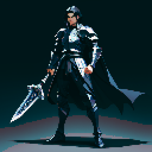 full-body image, male knight, man in black armor, giant sword, long black hair, sexy, male dark knight