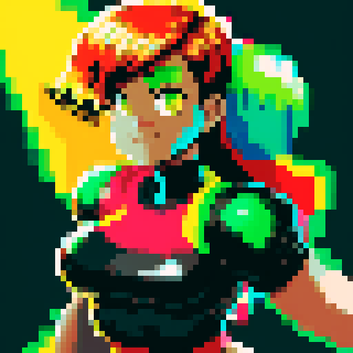 8-bit style portrait with vibrant, retro colors, showcasing a pixelated character in a dynamic pose against a black background, reminiscent of classic video games