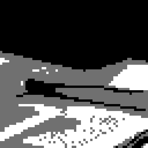 As you approach the bar counter, its wooden surface rough and pixelated. Resting on the worn wood is an old, tattered book. dark neo style