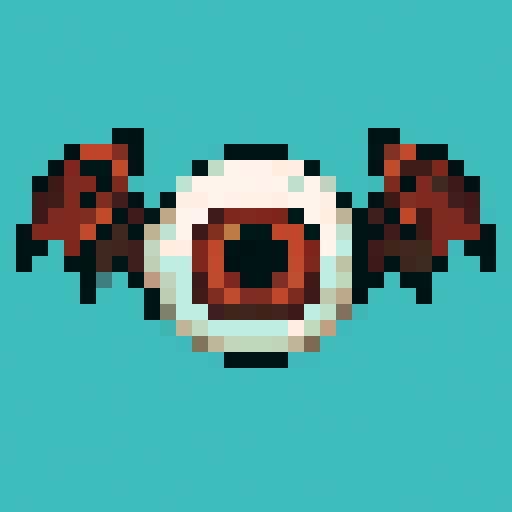 Front-facing sprite of an eyeball enemy with bat wings, solid color background