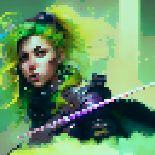 female warrior, with vibrant green hair, wielding a futuristic high tech weapon