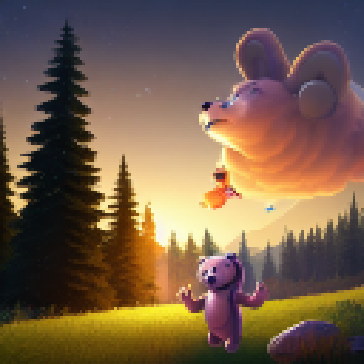 a bear wearing headphones, jumping with its arms in the air, sunset and trees in the background, pixel art, dramatic --ar 9:16 --s 750
