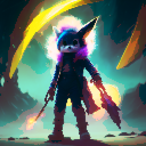 Pikachu Avatar, vibrant electric fur, fierce battle stance, wielding a lightning bolt staff, surrounded by glowing orbs, mystical ruins in the background, conjuring a thunderstorm