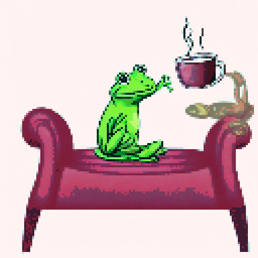 In the cozy ambiance of a dimly lit room, a small, jovial frog perches comfortably upon a plush couch chair, its diminutive size emphasized by the vastness of the furniture. The flickering flames of a nearby fireplace cast a warm glow, enveloping the space in a soft, golden light, creating an atmosphere of comfort and relaxation. With a mug clasped delicately between its tiny webbed fingers, the contented frog takes a sip of steaming coffee, its expression reflecting pure bliss.