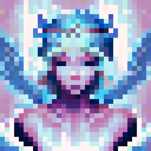Beautiful ethereal angel with chrome wings, flowing hair, and a serene expression, floating in a dreamlike landscape of pastel clouds and shimmering stars, rendered in pixel art with crisp, defined lines and a vibrant sRGB color palette