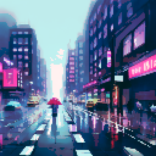 rain-soaked streets, towering skyscrapers, vibrant neon lights, cascading water droplets, misty reflections, umbrella-clad pedestrians, foggy silhouettes, glistening pavement, moody atmosphere, dramatic cityscape