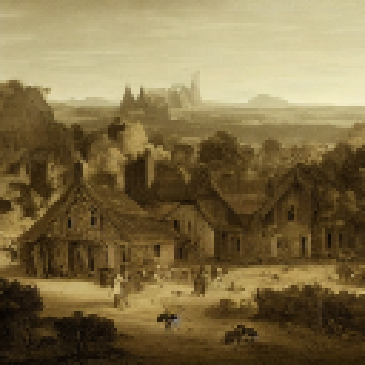 landscape with wood and stone buildings, people crafting and fighting monsters