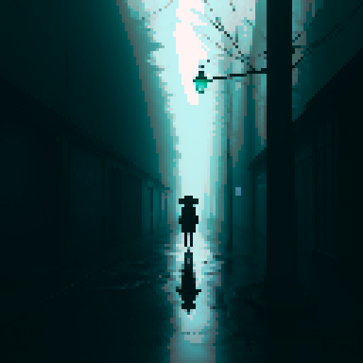 neo noir forest, dark shadows, towering trees, misty atmosphere, neon lights, rain-soaked pavement, a lone figure, trench coat, fedora hat, glowing cigarette, flickering streetlamp, reflections in puddles, abandoned alleyway, hidden secrets, eerie silence, retro video game aesthetic