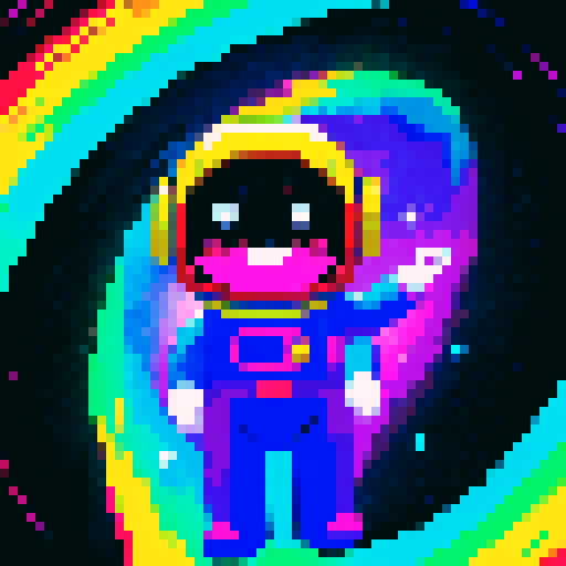 space traveler in vibrant pixel art spacesuit against a backdrop of swirling galaxies in vivid sRGB colors