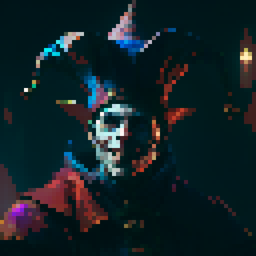 jester, vibrant colors, elaborate costume, mischievous expression, medieval backdrop