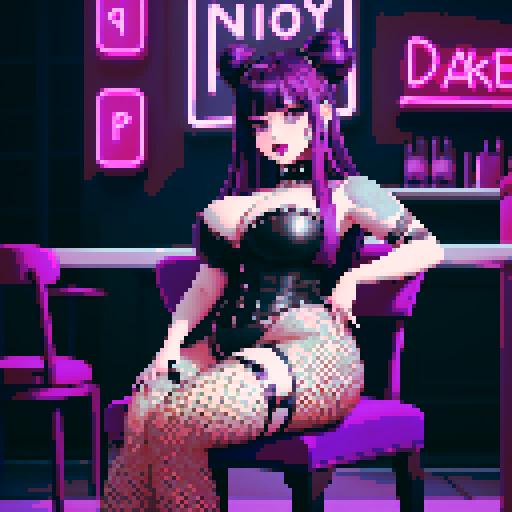Thicc, curvy,  busty goth babe with studded collar, long purple hair in buns, fishnet stockings. aroused nude big titty goth sitting seductively in a chair. neon signage, sRGB