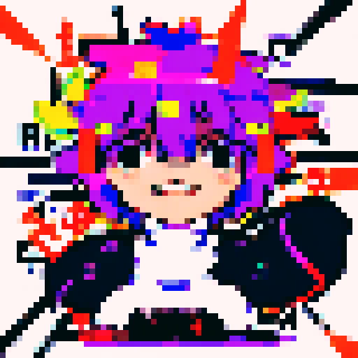 Rainbow-haired cyber hacker chomping on bubblegum, staring intently at the screen with glitchy neon digits reflected in their eyes, depicted in a detailed anime-style pixel art portrait.