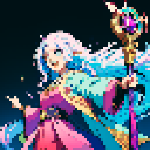 legendary anime girl wizard, long flowing hair, vibrant and dynamic colors, glowing magical staff, intricate and ornate robes, intense and happy expression looking to the right with entire body visible, sparkling and shimmering background, detailed and precise pixel art
