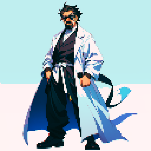 male mad scientist facing left, white mustache, lab coat, goggles, full-body image, pixel art, sRGB, no backdrop, no background