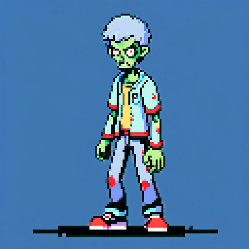 Zombie with limbs spread out, looking at camera, pixel art, sRGB