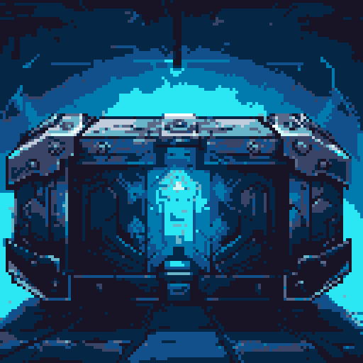 mystery box, stone, metall, shiny, pixel art, sRGB, vibrant colors, glowing lights, intricate patterns
