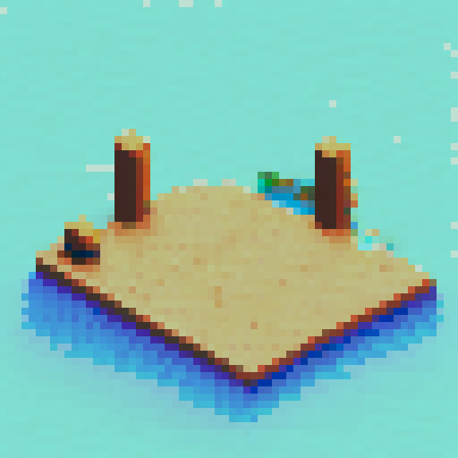 raft spritesheet, pixel art, top-down view, water rippling in the background, wooden planks forming the floor