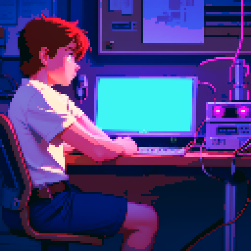 solo male protagonist, sitting at retro desk cluttered with cables and gadgets, illuminated by the soft glow of a pixelated computer screen in a dimly lit room