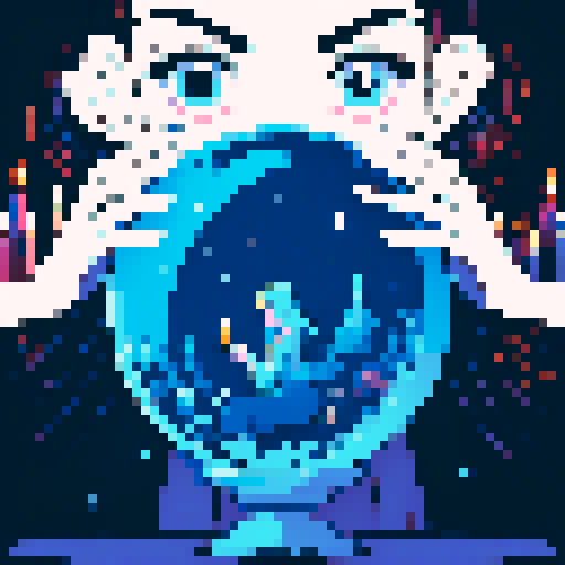 Colorful Illustration of a charming young witch with a boho vibe, reading a crystal ball, viewed from the client's perspective, mystical atmosphere with candles and herbs