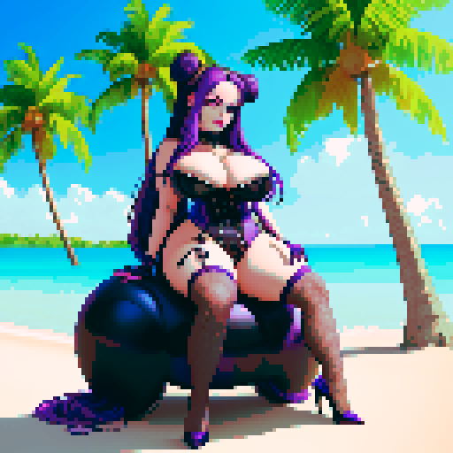 Thicc, curvy, seductive busty goth babe with studded collar, long purple hair in buns, fishnet stockings. aroused nude big titty goth sunning at the beach. Palm trees, sRGB