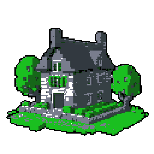 2d grey stone house in an ancient english style. Old and crumbling but still upright. Green vines crisscross it. Usable as an asset (clear, thick lines and a white background). Put a black stroke around the composition