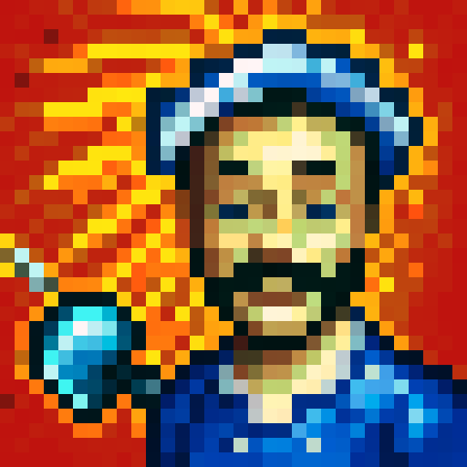 Cooking chef with a bushy moustache, wearing a chef hat and apron, holding a frying pan, against a vibrant background, in 32x32 pixel art style, with skillful detailing and vibrant sRGB colors, capturing a close-up portrait for a video game 2D icon