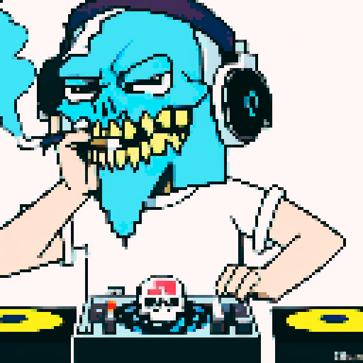 A blue skull dj smoking weed