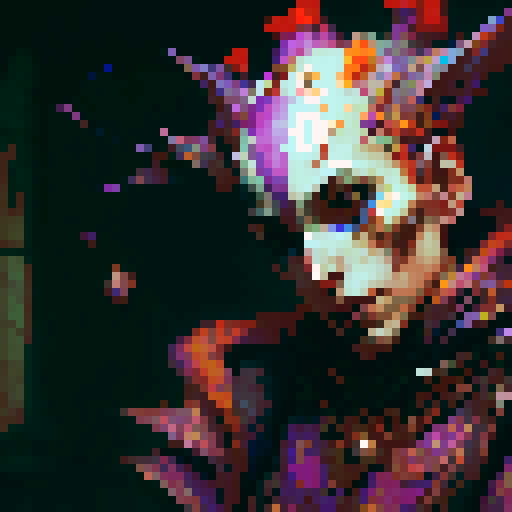 jester, vibrant colors, elaborate costume, mischievous expression, medieval backdrop