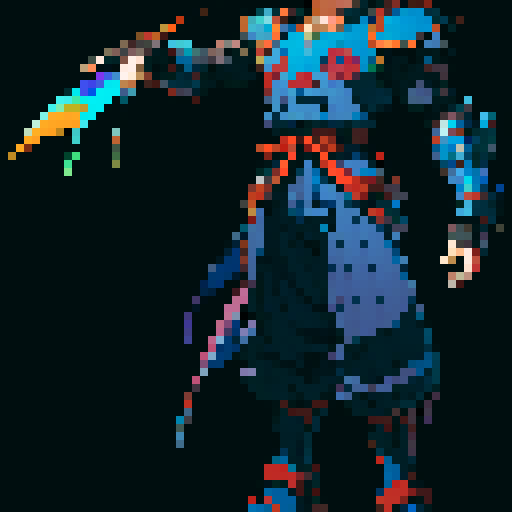 Xenogears-inspired male character, pixel art sprite, vibrant colors, detailed armor, neutral pose, neutral facial expression, sRGB palette
