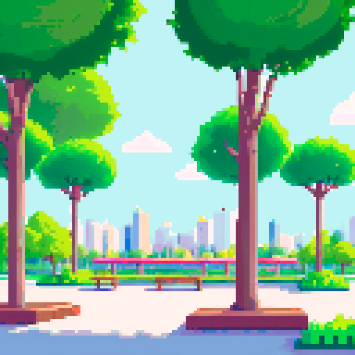 pixel city park background, with benches, repeatable