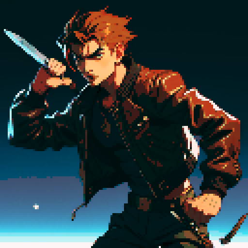 male character, holding two knives, space pirate, brown leather jacket,  retro video game style, pixelated details, no background, dynamic poses