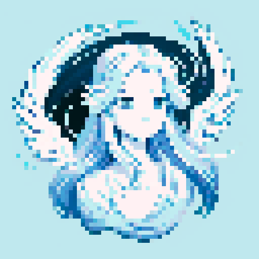 Beautiful ethereal angel with chrome wings, flowing hair, and a serene expression, rendered in pixel art with crisp, defined lines and a vibrant sRGB color palette. no background