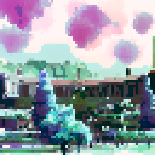 a majestic castle on a hill over a mini bus rank and purple jacaranda trees with tiny people 
