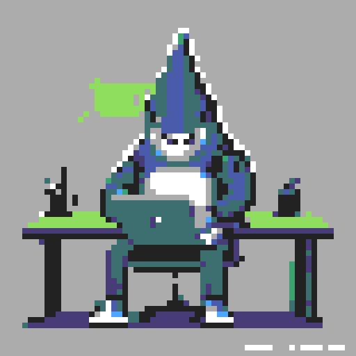shark, seated, desk, typing, laptop, pixel art, sRGB