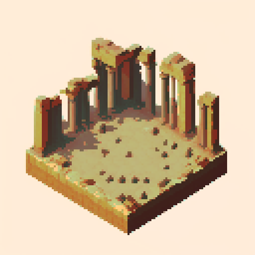 ruined, destroyed grand temple of Apollo, desert landscape, hexagonal map temple icon, pixel art